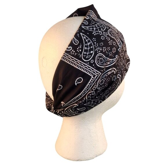 Black Paisley Knit Headwrap Hairband Soft Stretchy Headband  Unisex Sweatband - Picture 3 of 6